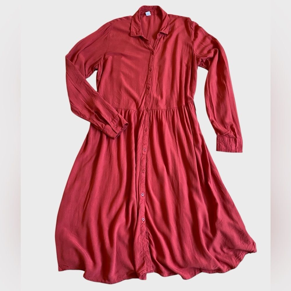 Old Navy Button Front Drop Waist Shirt Dress Size L Midi Crepe Beachy Coastal